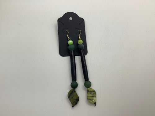 Long Black Ivory and Green Earrings