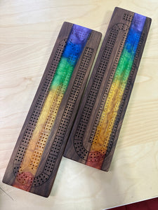 Rainbow Epoxy Wooden Cribbage Board